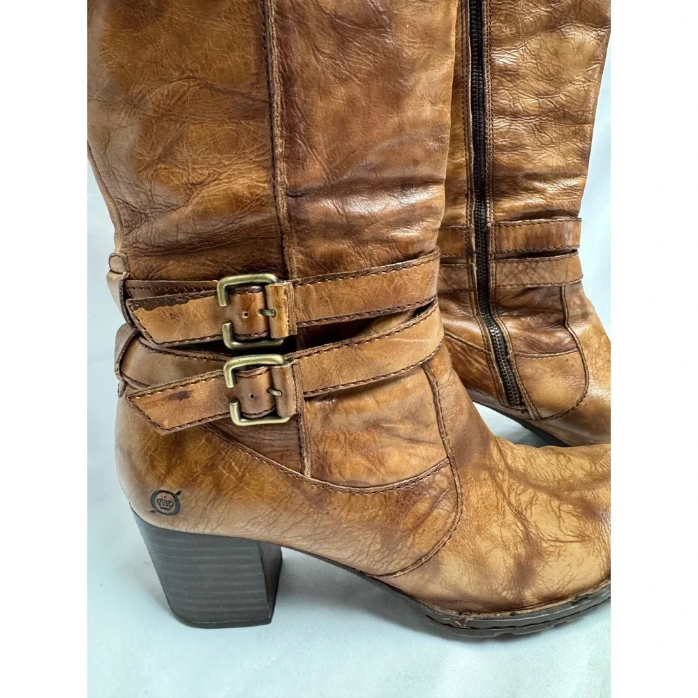 Womens Born Brown Leather Knee High Boots Riding Distressed Size 10